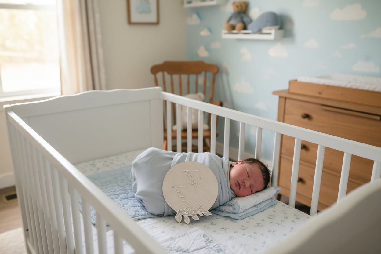 He's Here | She's Here Birth Announcement Plaque alternate view