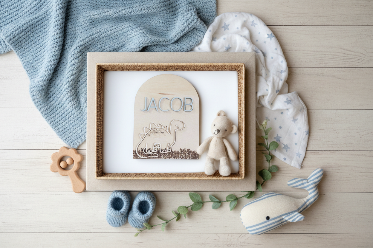 Baby Dino Announcement Name plaque by Gently Made