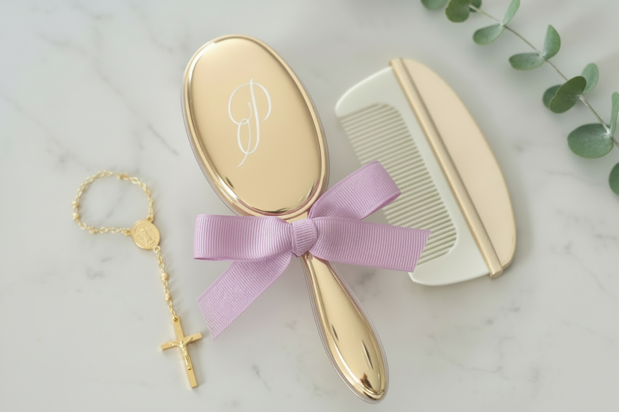 Deluxe Mirror Gold Baby Brush Set personalised detail