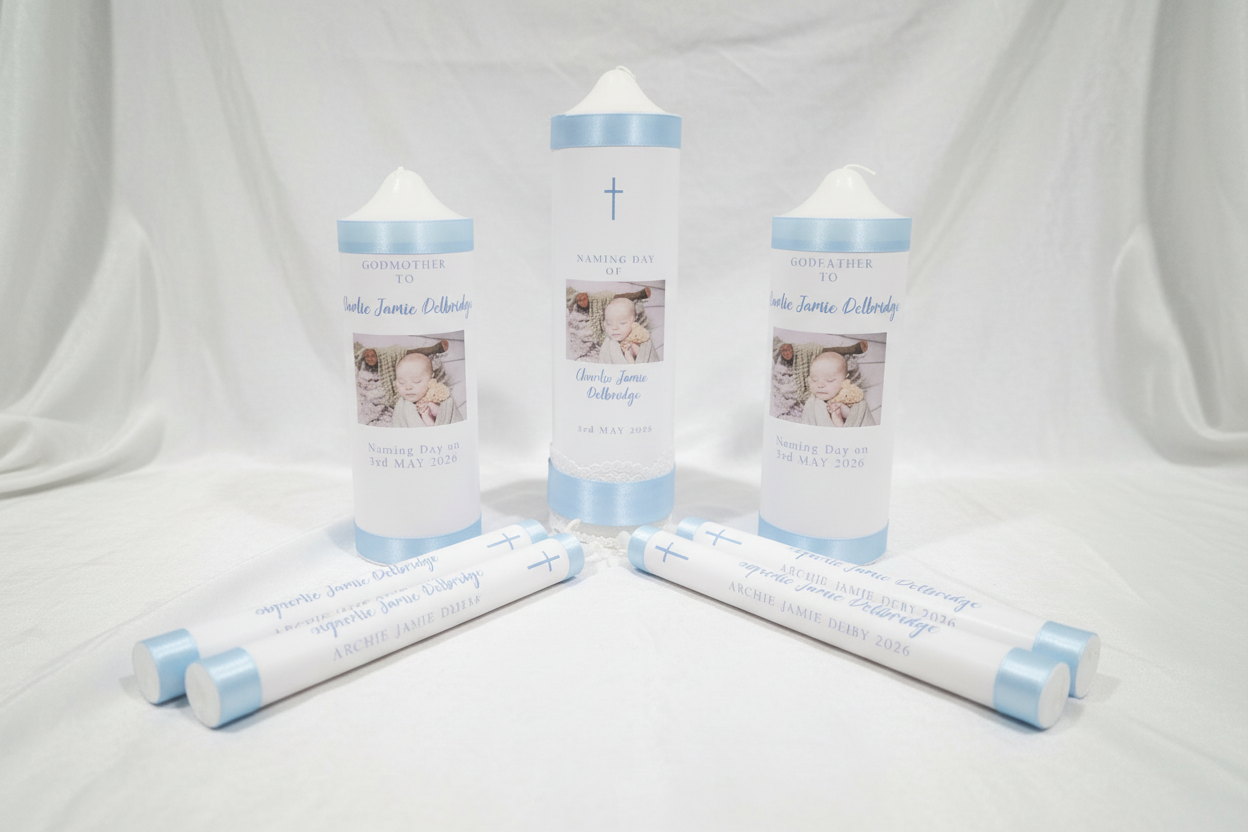 Personalised christening candle set styled for ceremony — Gently Made Australia