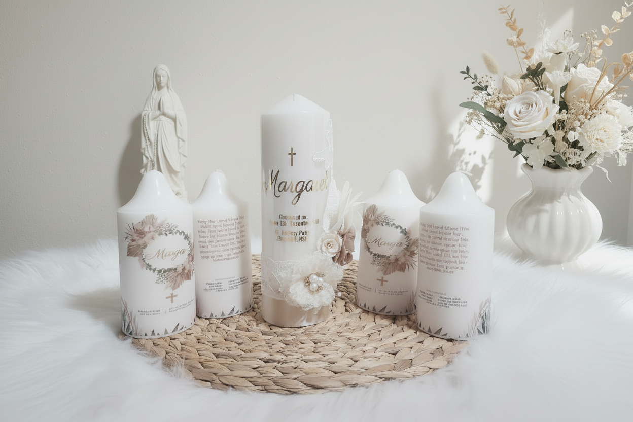 Close-up of personalised floral detailing on the LUXE Baptism package by Gently Made