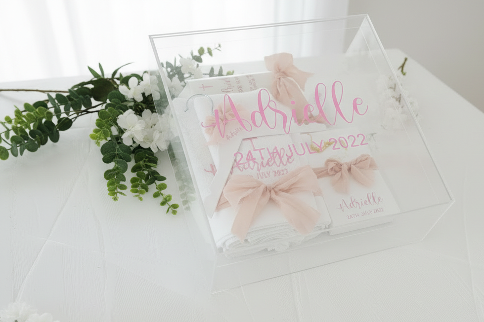 Baptism package with raw edge ribbon personalised set by Gently Made