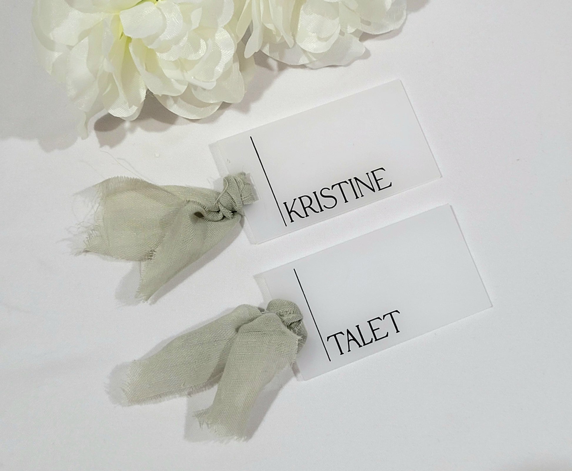 Acrylic Place Cards with Raw Edge Ribbon by Gently Made