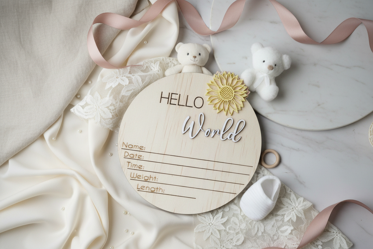 Hello World Sunflower Announcement plaque by Gently Made