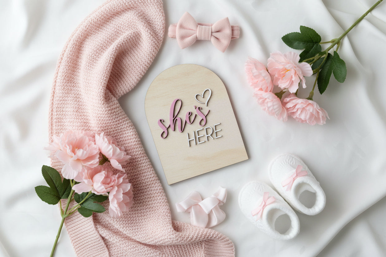 Shes Here announcement plaque by Gently Made