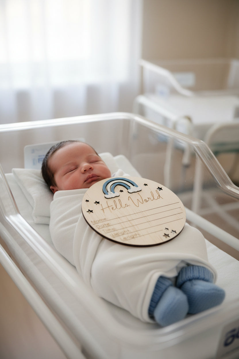 Rainbow Hello World announcement plaque by Gently Made