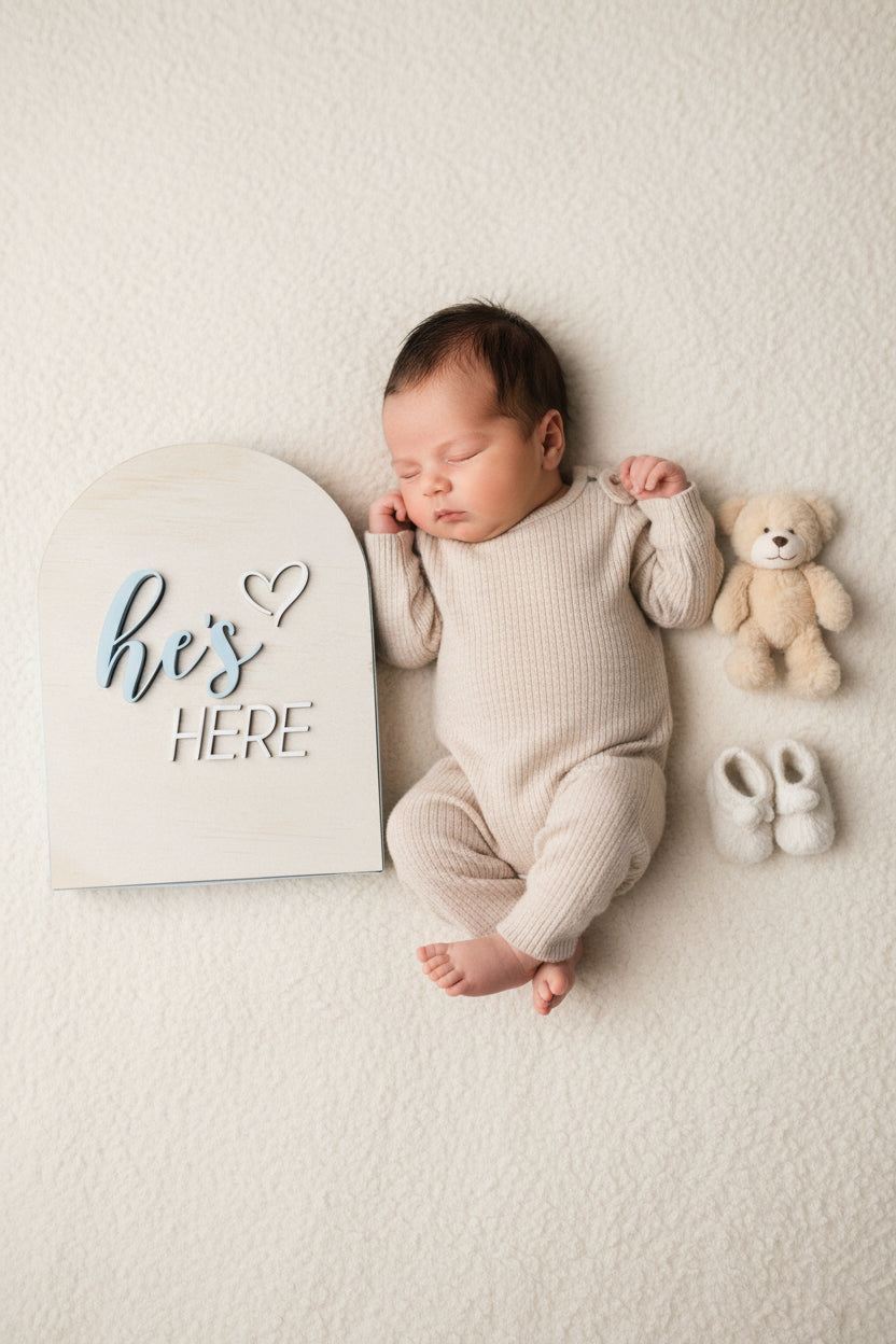 He's here announcement plaque by Gently Made