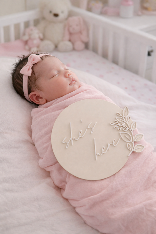 He's Here | She's Here Birth Announcement Plaque by Gently Made
