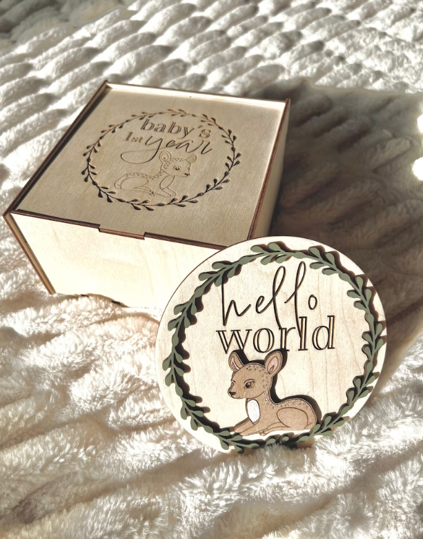 Cute Woodland Deer Baby Monthly Milestones Disc Rounds With Custom Box Laser| Woodland Themed Nursery detail view