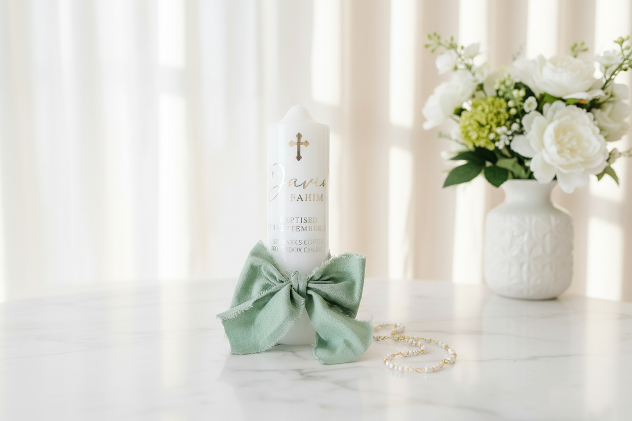 Standard Raw Edge Ribbon Baptism | Christening Candle by Gently Made