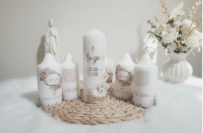 Premium Floral Lace Baptism Christening Candle by Gently Made