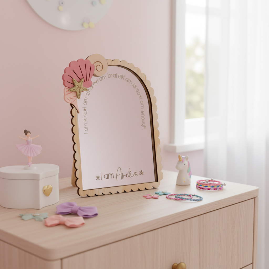 Personalised seashell affirmation mirror for kids by Gently Made