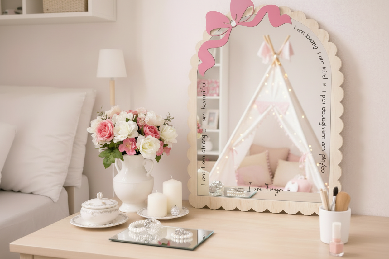 Personalized Scallop Bow Affirmation Mirror by Gently Made