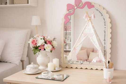 Personalized Scallop Bow Affirmation Mirror by Gently Made