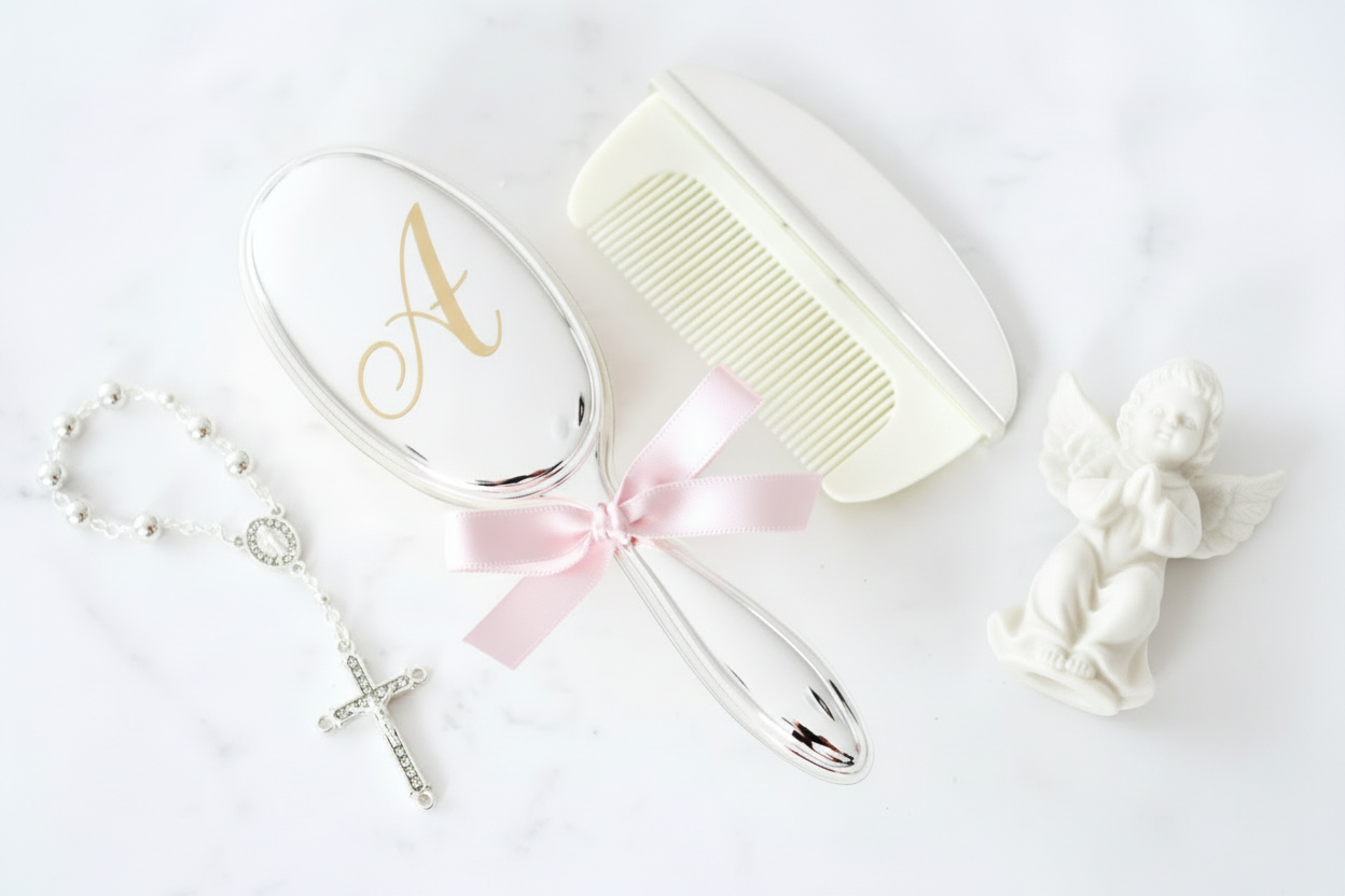 Deluxe Mirror Silver Baby Brush Set detail view