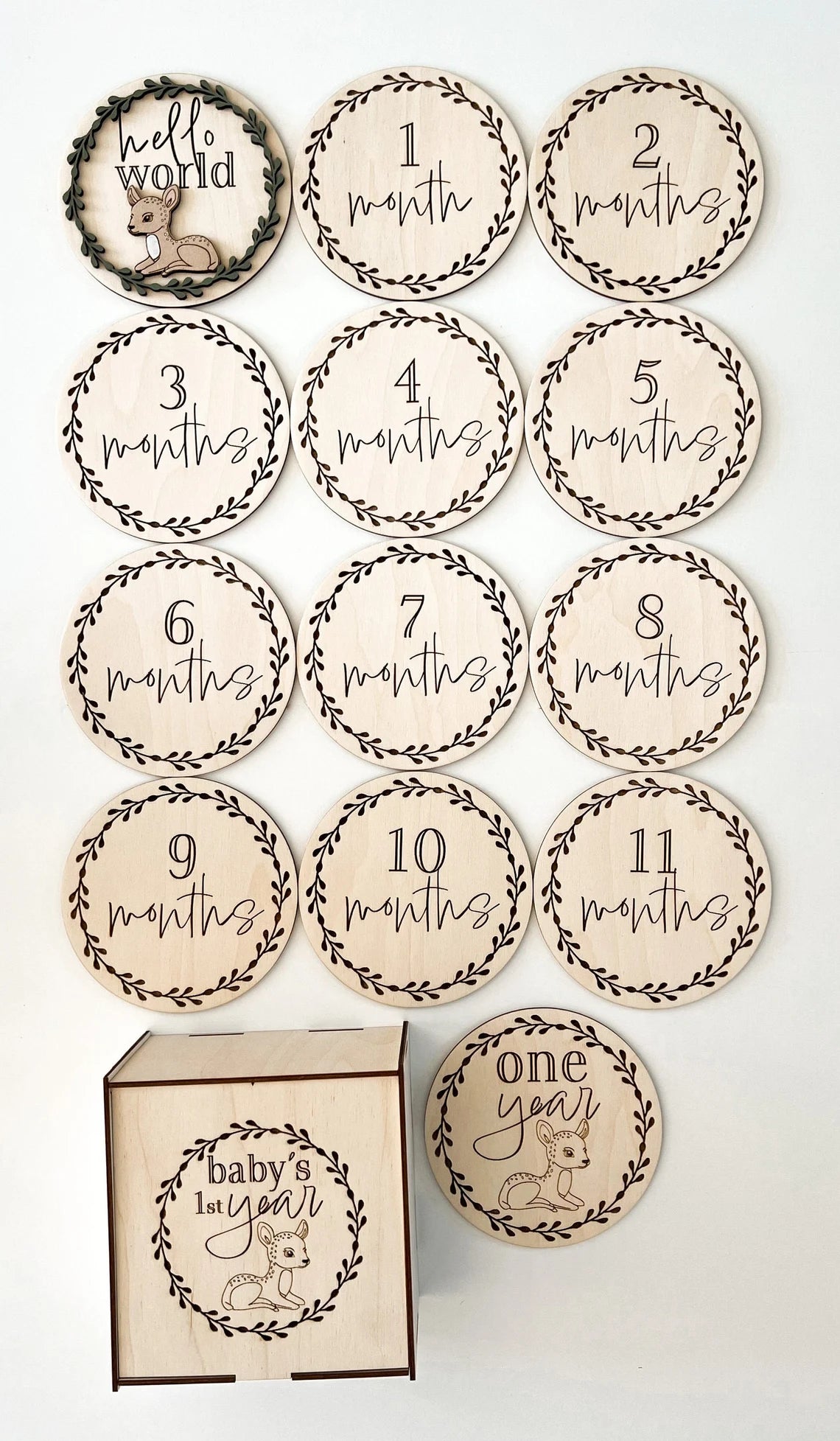 Cute Woodland Deer Baby Monthly Milestones Disc Rounds With Custom Box Laser| Woodland Themed Nursery alternate view