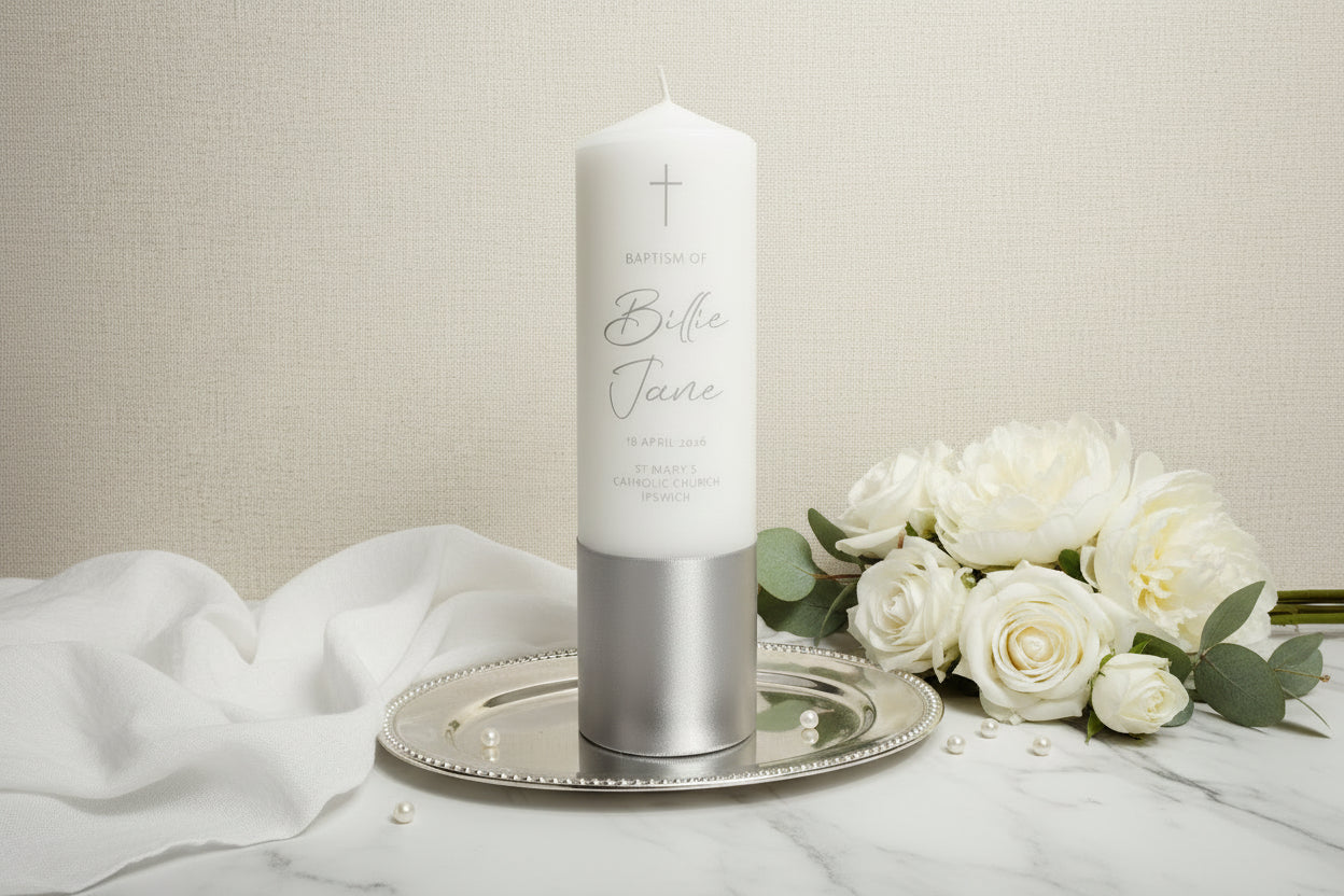 Baptism candle showing custom ribbon and personalised name detail — Gently Made