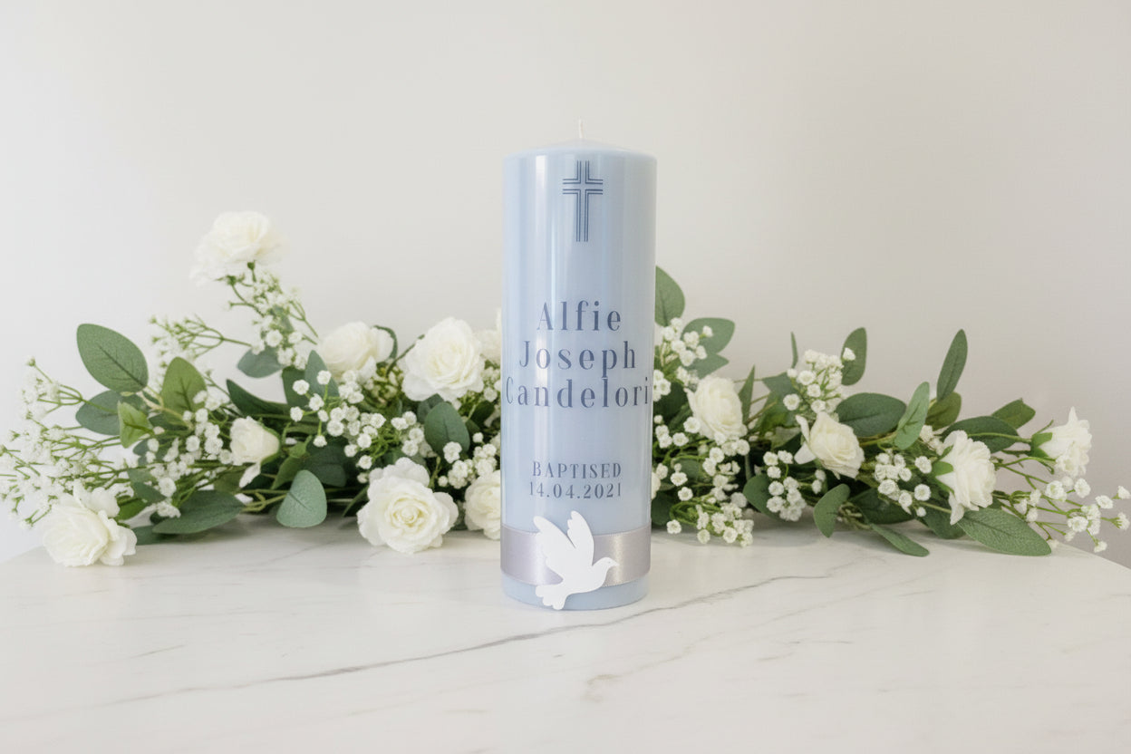 French Blue Baptism | Christening candle alternate view