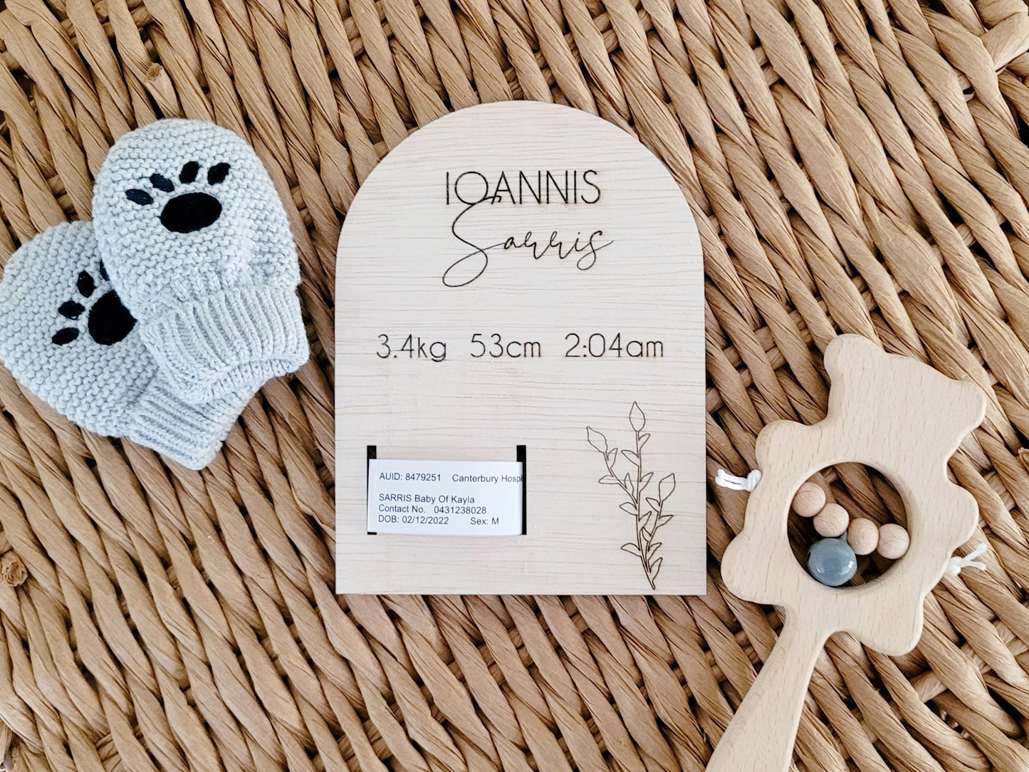 Hospital band announcement plaque personalised baby keepsake by Gently Made. Detail view