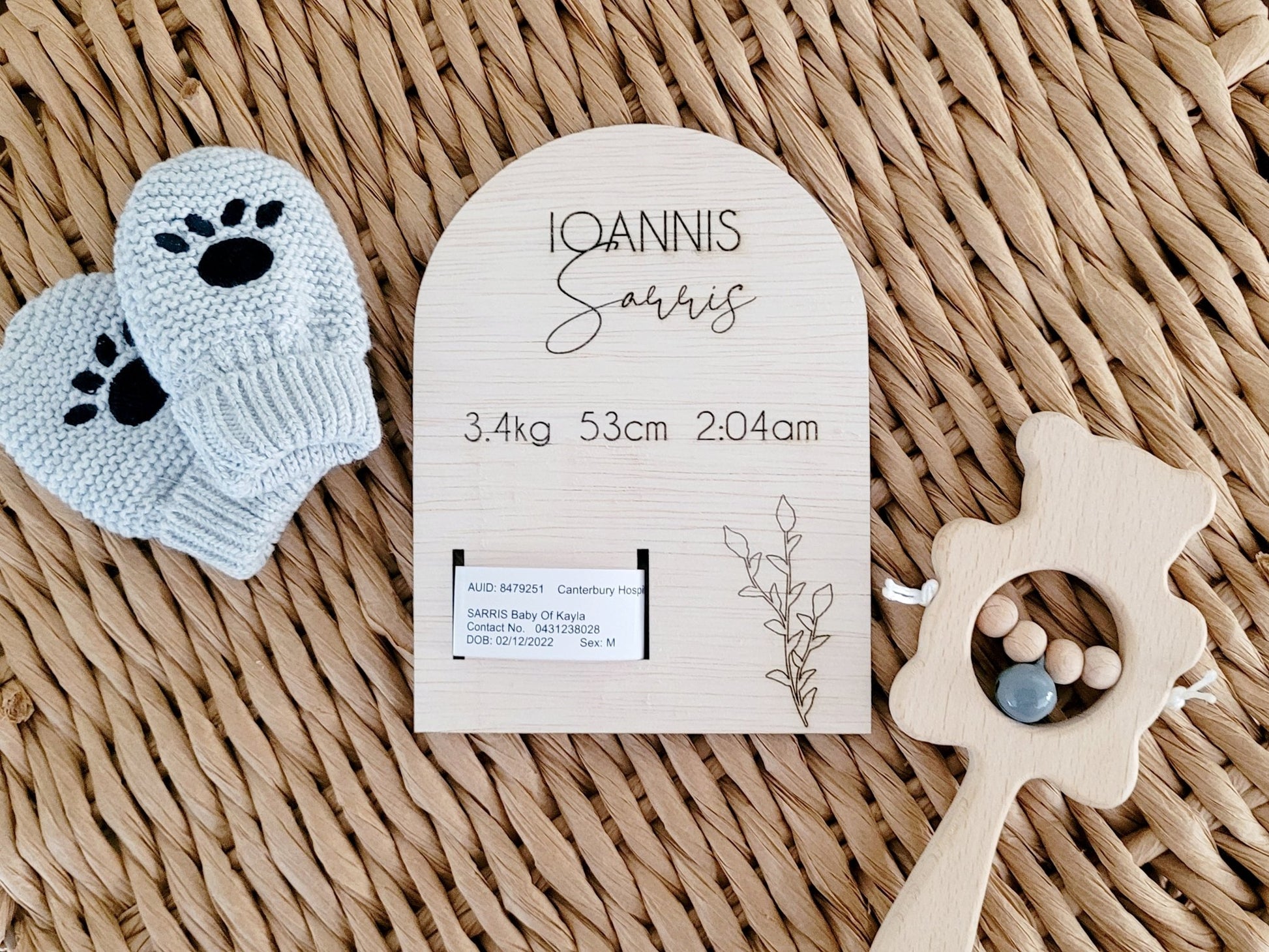 Hospital band announcement plaque personalised baby keepsake by Gently Made. Detail view