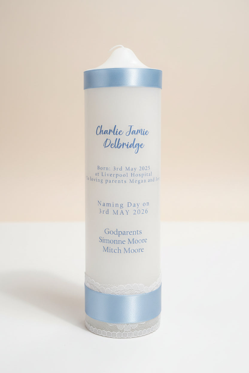Baptism candle set showing main candle and two godparent candles — Gently Made