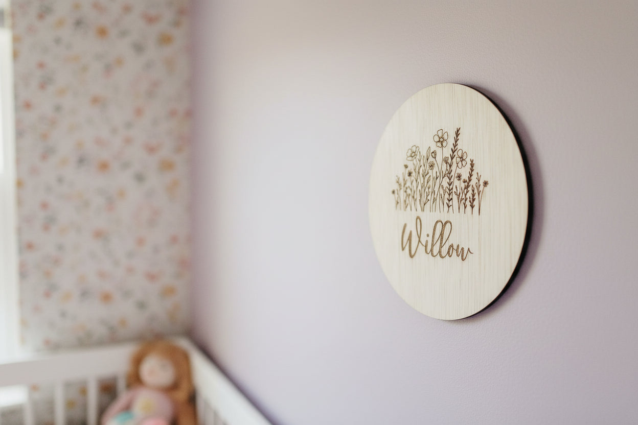 Wooden Name Plaque with florals by Gently Made