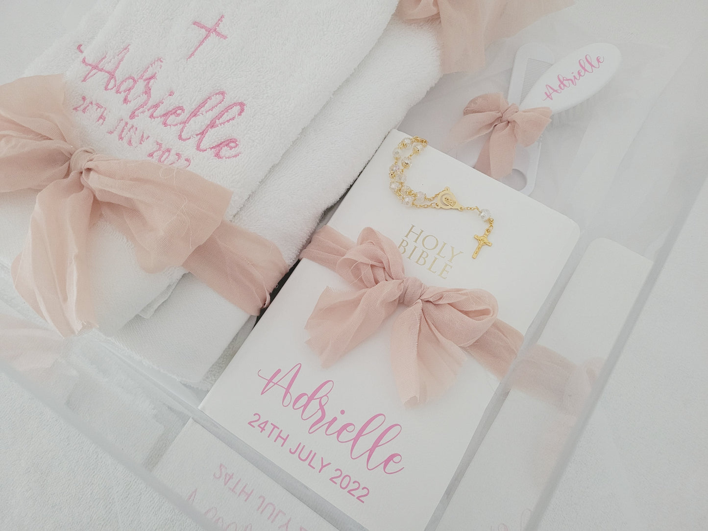 Baptism Package with Raw Edge Ribbon detail view